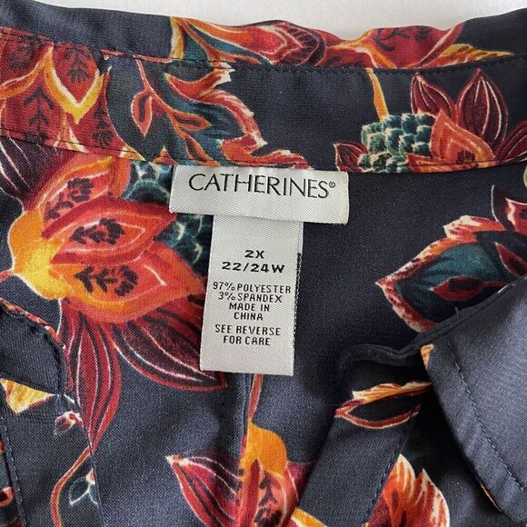 Catherines Button Up Shirt Top Womens Plus Size 2X Blue Floral Print 3/4 Sleeve - Picture 4 of 7